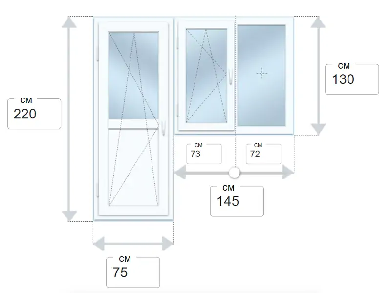 Балконный блок с поворотно откидной дверью и двухстворчатым остеклением © Калькулятор Купиокно